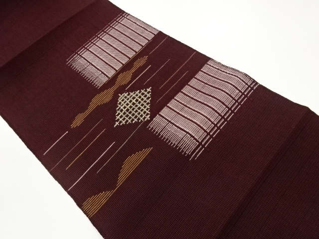 Striped and diamond pattern woven Nagoya obi with horizontal tie through cord